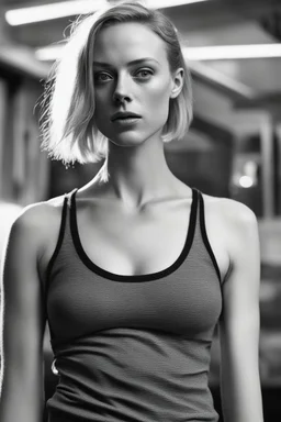 photo, rule of thirds, deborah ann woll dramatic lighting, short hair, detailed face, detailed nose, woman wearing tank top, smirk, realism, realistic, raw, analog, woman, portrait, photorealistic, analog, realism