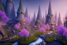 Immersive​ fantasy elven town city in the deep forest with ancient elder tree beautiful blossom nature river 4k full hd