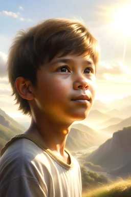 Digital art, high quality, digital masterpiece, natural illumination, spotlight, sun contrast, sunny day, realistic, film style, delicate, thin body, flat chest, (1 young peruvian boy on a mountain:1.5), (Cute femenine face:3), (Sun halo behind head:1.5), (Pretty eyes:1.2), (looking back:1.8), cute, happy, (Dark Brown hair:1.5), (subtlety smiling:1), (tan skin:1.5), (Red Inca Clothes:2), (on a Peruvian Valley:2)