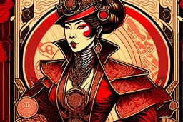 Stylized Asian Steampunk aristocrat, In the style of Tarot and Art Deco, Red colours