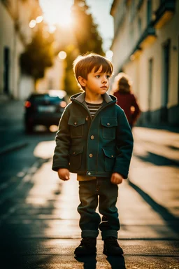 little boy that is standing on a sidewalk, inspired by Louisa Puller, trending on unsplash, viennese actionism, anamorphic lens flare, dynamic pose, shallow depth of field