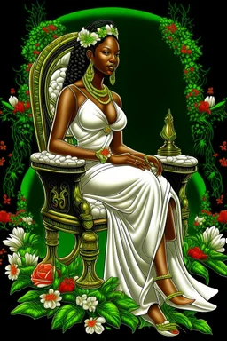 Create a digital airbrush cartoon of a curvy African American female sitting sideways on a queen throne. She is wearing a white shiny gown with white heels. Prominent make up with brown eyes. Highly detailed black and off-white braids in her hair. The braids are flowing all directions with a crown on her head. Background of green, black and red flowers surrounding her