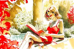 woman in red swimsuit reading a book in a beautiful garden in sunshine style Vittorio Giardino, stylized pen drawing and watercolor