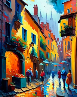 A vibrant, impressionist painting of a quaint, cobblestone street lined with colorful buildings, bustling with people and life, using loose brushstrokes and a lively color palette to convey the energy and charm of the scene.