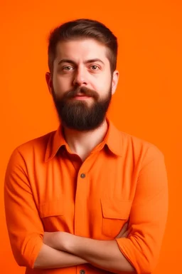 high quality photography 30 year old handsome developer man, front view, flat single color orange background