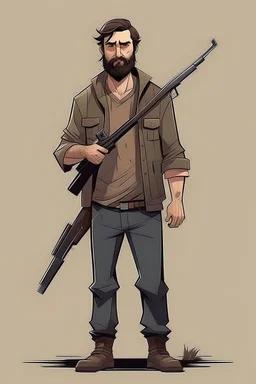 man, beard, brown hair, illustration, looking serious, full body, standing, mean,, looking sideways, holding a riffle