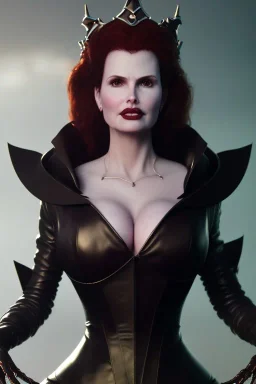 Geena Davis as evil queen in black leather, leather, busty, cleavage, angry, rage, stern look. character design by cory loftis, fenghua zhong, ryohei hase, ismail inceoglu and ruan jia. unreal engine 5, artistic lighting, highly detailed, photorealistic, fantasy