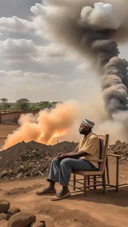 Sudanese man sitting on a chair , overseeing vast destruction and smoke