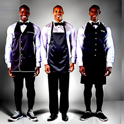 Three black waiters with different uniforms presents lunch