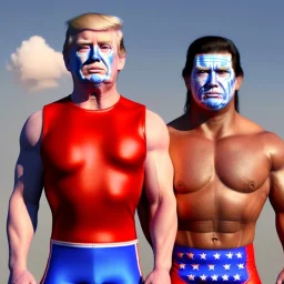 Realistic image of Donald trump wrestler, Mexican wrestling style, eyes mask, red and blue breeches, glow confederate flag dress, suspenders, retro style, 80s, vibrant color, highly detailed, sky background, concept art, unreal engine 5, god rays, ray tracing, RTX, lumen lighting, ultra detail, volumetric lighting, 3d, finely drawn, high definition, high resolution.