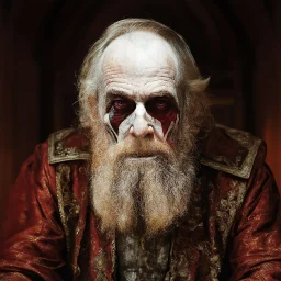 very grainy discolored modern photo, closeup portrait, dark ancient hall with no lights, grunge, extremely old male with chalk-white skin wearing old dashing and opulent gilded clothes, threatening, imposing, ventru