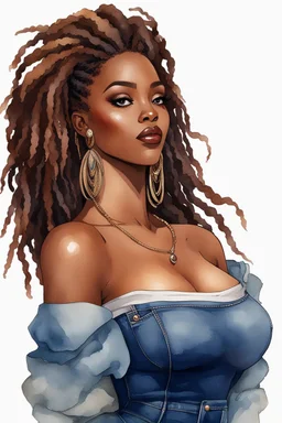 create a watercolor illustration of a curvy black female wearing Tight blue jeans and a hazel brown off the shoulder blouse. Prominent make up with long lashes and hazel eyes. She is wearing brown feather earrings. Highly detailed long black shiny dread locs