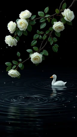 The image is a digital artwork that depicts a long branch of tree of three white roses and leaves tangling in to a water in the river with one white baby duck floats on the surface of the water, creating a wave-like effect. The background is black, which makes a branch of a tree of white roses stand out even more. Water droplets are scattered adding to the dreamy, ethereal quality of the image. The a