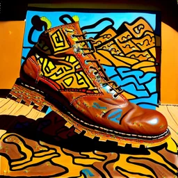 brown moutain shoes , art, oil drawing, bright, keith haring, picasso