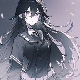 Clear focus, High resolution, rough line sketch art, long black hair, hair between eyes, fluffy hair, purple eyes, wearing a black and red sailor uniform, dark aura, 1girl