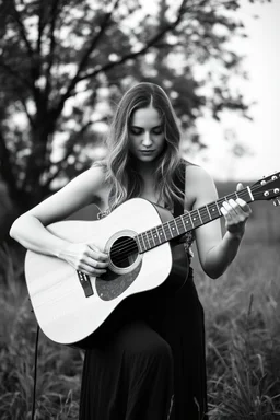 beautiful woman playing acoustic guitar in mid west blck and white old photto