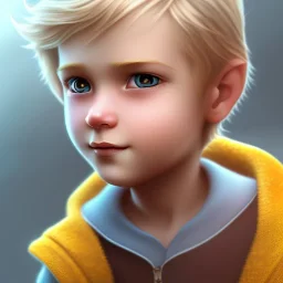 front close up view of cute little blond boy, blue eyes with pixar style, rainbow