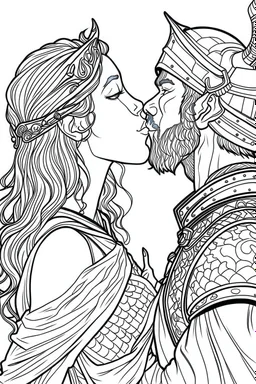 Fantasy coloring page, minimal detail. HD. Woman kissing a male knight with a beard. No background detail.