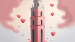 A light pale pink Valentine's themed tower with hearts painted by Caspar David Friedrich