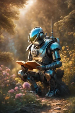 Mechanical android reading from a book to a child in the nature. Very detailed scene with intricate details . Concept art. Sharp focus . Iridescent colors with intricate details. UHD drawing, pen and ink, perfect composition, beautiful detailed intricate insanely detailed octane render trending on artstation, 32k artistic photography, photorealistic concept , perfect light