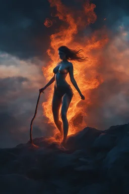 The female Shadow of Death using the staff of destruction. sexy. blue fire and orange smoke. fantasy art, Cinematic lighting, Volumetric lighting, Epic color composition, the hole naked truth, octane render