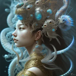 Sango fantasy, fantasy magic, intricate, sharp focus, illustration, highly detailed, digital painting, concept art, matte, art germ and Paul Lewin and Kehinde Wiley, masterpiece Indonesian lady head bronze lionfish Asian African girl nice breast Thai hair turquoise silver blue waves