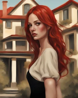 Realistic beautiful women in a black short dress, long red hair, house, vivid neutral colors