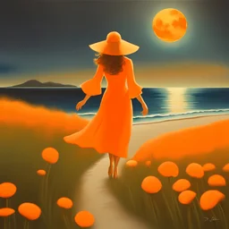 A woman's painting and Irish Sutter is walking in the field leading to the beach under a full moon, graceful, orange and azure, articular art, flower power, realistic but romantic, picturesque fabrics, dance -37:43 - -Style 750 v6