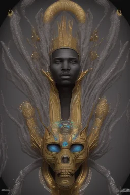 black male African Egyptian alien, cracks in the voodoo head, wicked, diamond eyes, crown, blood, 8k, finely detailed, photo realistic, leopard robe turquoise skull head gold dragon space alien rain skeleton gold teeth silver crown silver space suit spaceships