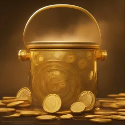 Gold Pot full of gold coins,extremely detailed digital,painting, extremely detailed ,perfectly centered image, perfect composition, rim light, beautiful lighting,masterpiece,8k, stunning scene, raytracing, anatomically correct,, in the style of studio ghibli,Ohrai Noriyoshi,Ultra detailed