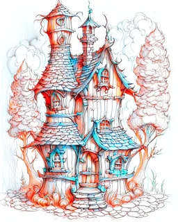 A pencil sketch front elevation line drawing of a tall, narrow, twisted, mediaeval fantasy house.
