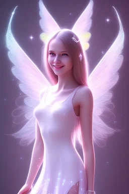 smiling girl, cute, beautiful, long hair, fairy wings, light pastel colors, bright, transparent dress, smile