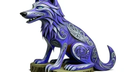 A purple ice elemental wolf designed in pacific Northwest totem poles painted by Grant Wood