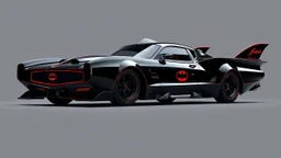 batmobile concept inspired from a 2025 ford mustang dark horse with a large elaborate spoiler and batman symbol style fins, batman symbol in grille, lower wind deflector. red stripes like 1960s adam west batmobile