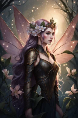 Peach hair ,Hydrangea,orchids,lilies of the valley,night,peachy hair,rapunzel hair,elven crown,dragonflies,pointed ears,elven ears,dark fairy princess,sparkle,,dark gold armour,fairy wings,,night stars