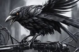 Symbiote Cyber Machine crow in 8k anime realistic drawing style, black wings, close picture, apocalypse, intricate details, highly detailed, high details, detailed portrait, masterpiece,ultra detailed, ultra quality