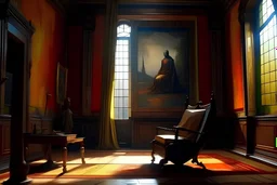 An android sitting on a throne in a palace; behind the throne a large painting with a Caravaggio style painting, to the right a large window through which you can see a demolished city; Blade Runner style, 16K, real photography