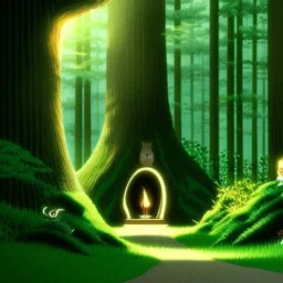 Ghibli, forêt, scintillant, très detaillé, créature mystérieuse