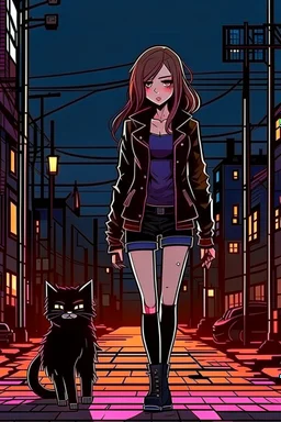 Punk girl with the black cat on the small town street, at night, graphic style, highly detailed, brown hair, long legs, heavy boots, fishnet stockings, black jacket