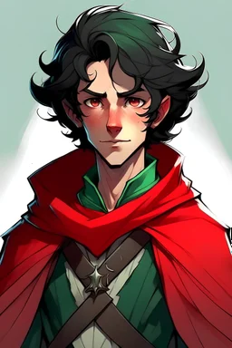 DND young male half-elf rogue olive skin short curl black hair with seafoam green tips red cloak confident smirk