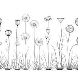 set of grow wind flowers on the grace, SIMPLE ONE lineS art, white background, minimalis, different view, only white bakcground solid.