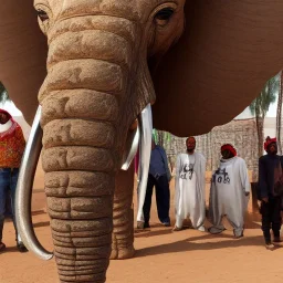 A mechanical chrome elephant next to a group of Robotic Bedouins in Sahara by arik roper