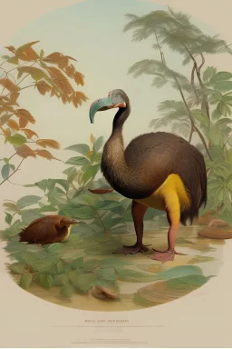 John James Audubon-like illustration of a fully uncropped Dodo bird and a Platypus in a landscape of warm yellows, warm reds, and warm blues