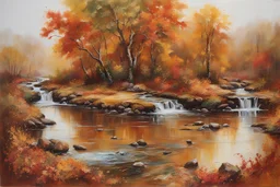 ((best quality)), ((masterpiece)), ((realistic,digital art)), (hyper detailed), Valerie Hegarty style painting of a river landscape in autumn, a scenic environment, painted by Valerie Hegarty