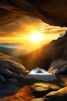 Imagine a surreal landscape at sunrise with a cave tomb in the side of the hill and a stone slab rolled back from the entrance. Inside the cave you can see a shroud folded neatly on the bed where a body would lay. Through an opening in the cave wall you can see the sunrise and two winged angels