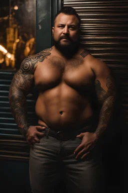 full figure photography of a burly trucker muscular chubby strong 36-year-old turkish in a discoteque, serious, shirtless, short beard, dancing rock shirtless, bulge, manly chest, big shoulder, tribal tattoo, very hairy, side light, view from the ground