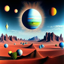 D desert with high mountains in the background and a blue sky with the planet in Max Ernst and Yves Tanguy style