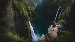 photo from falls down the mountain a human figure with a backpack falls from a high cliff into the abyss, detalied, Professional photography, natural lighting, canon lens, shot on dslr 64 megapixels ,sharp focus