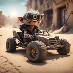 airbrush with pen outline, cool mad max pimp gremlin driving dune buggy against a wall wearing driver gloves, wearing flip down sun glasses, in the style of a fallout 4,bokeh like f/0.8, tilt-shift lens 8k, high detail, smooth render, down-light, unreal engine, prize winning