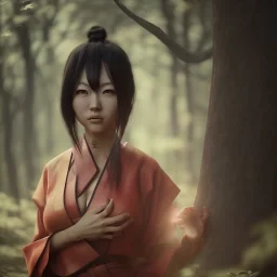 wonderfull japanese woman, big breast, portrait, samurai costume, village, meditation, woods, cyberpunk, 8k quality